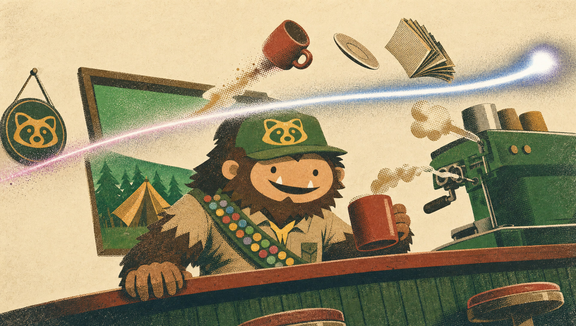 The scout's diner as a wordless five-ink screen print, the light line ripping through