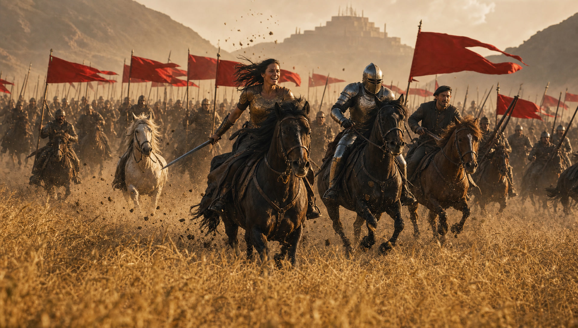 The era-blend cavalry charge under crimson banners
