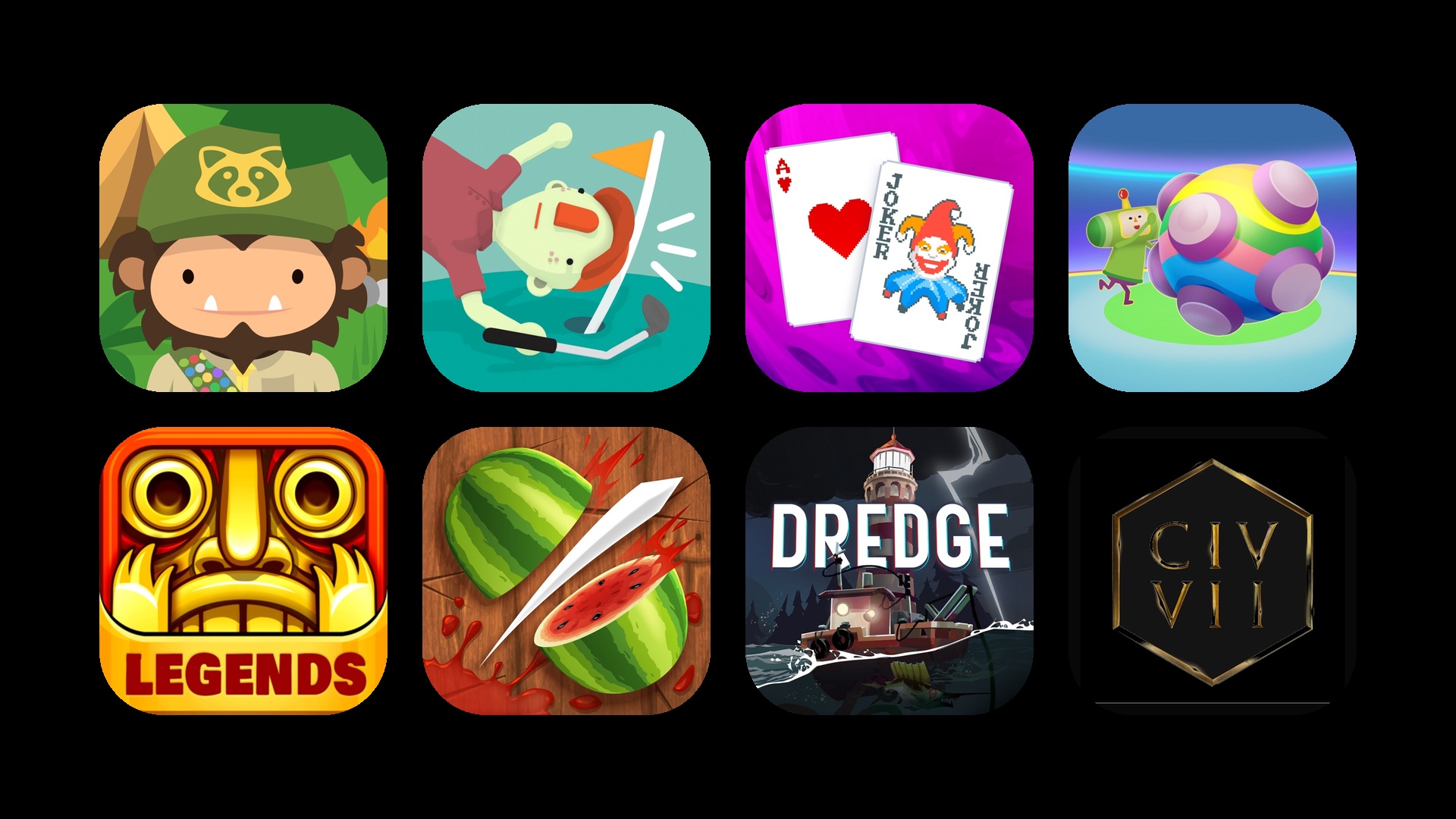 All eight official app icons on the wall, the CIV VII hexagon on black