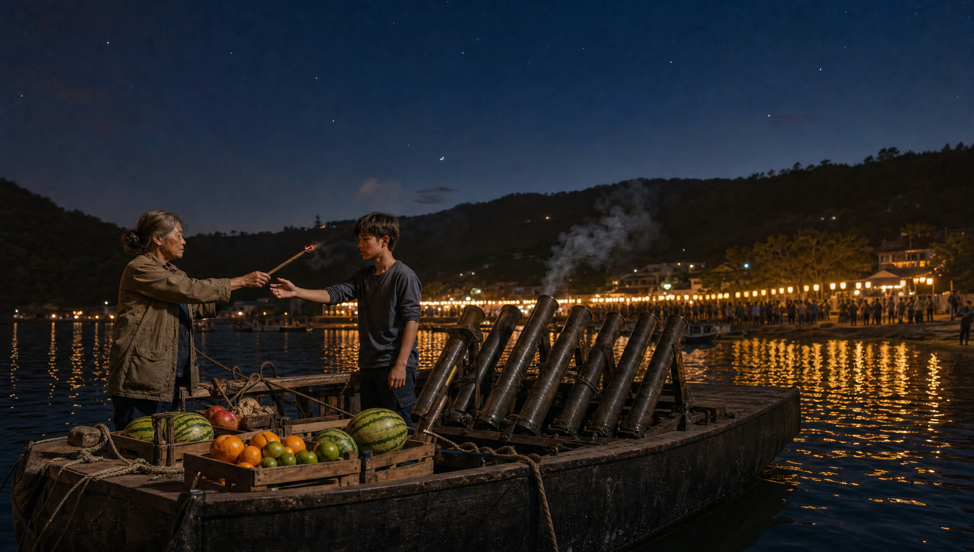 The dusk handoff on the mortar barge