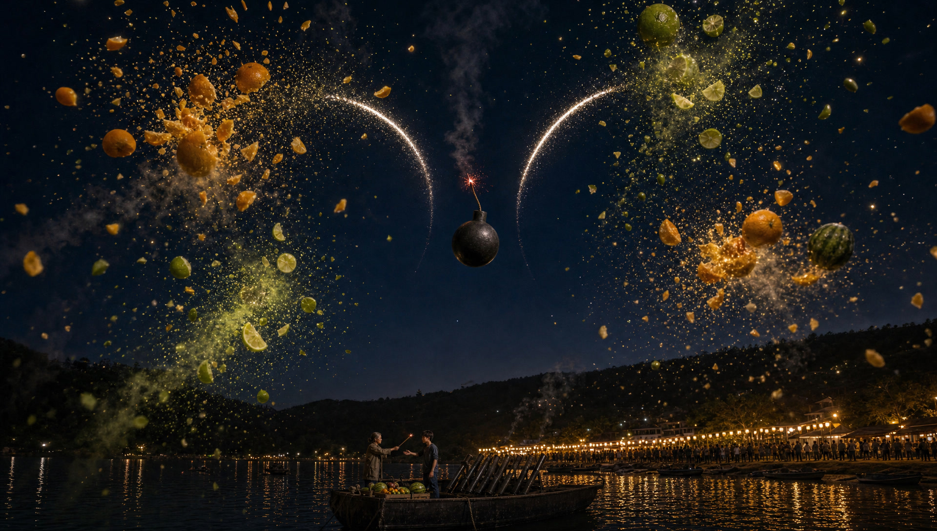 The bomb falling between blooms, arcs parted around it