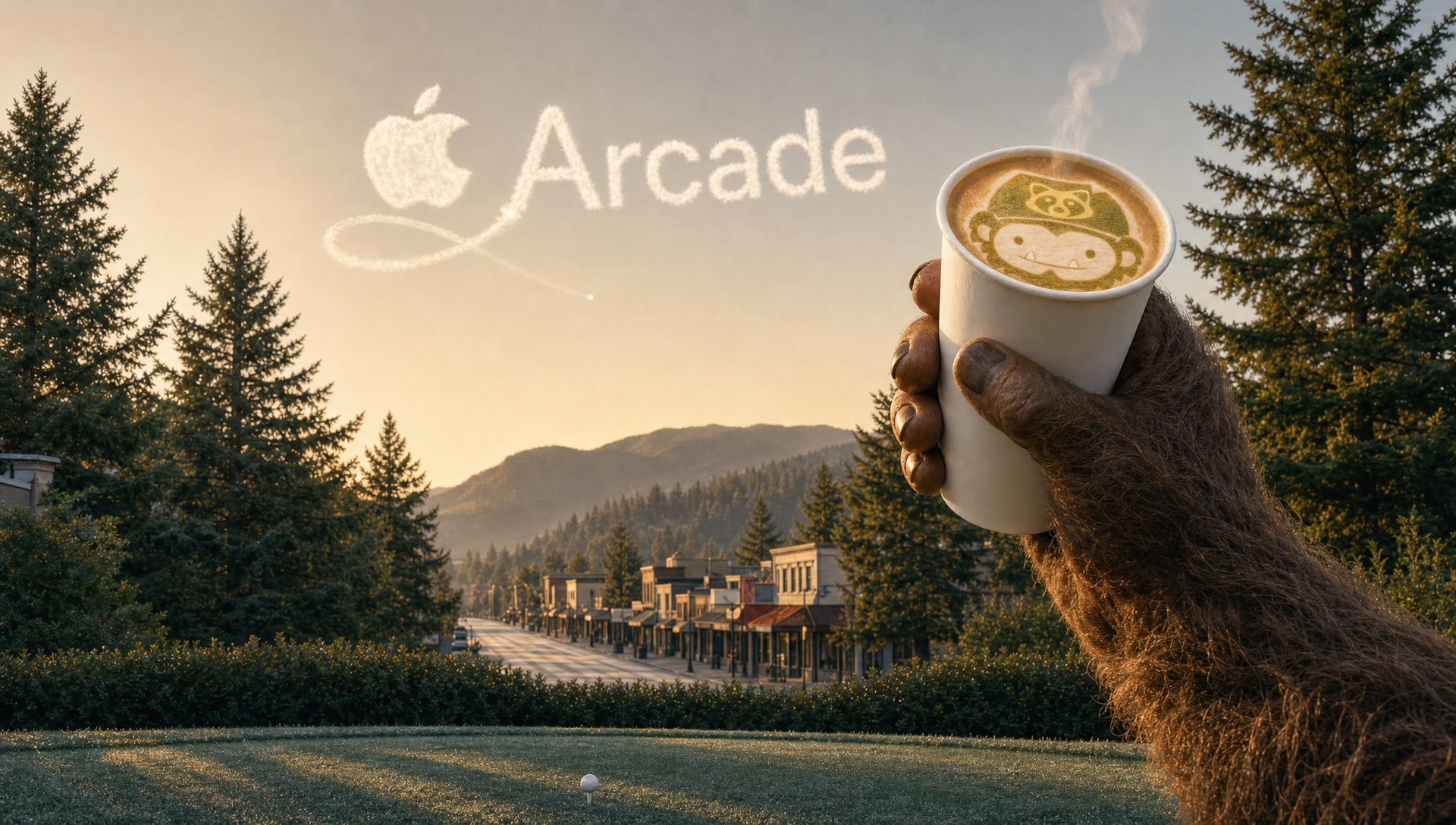 The raised takeout cup with the game icon's face in latte foam, the contrail-drawn lockup in the sky gap