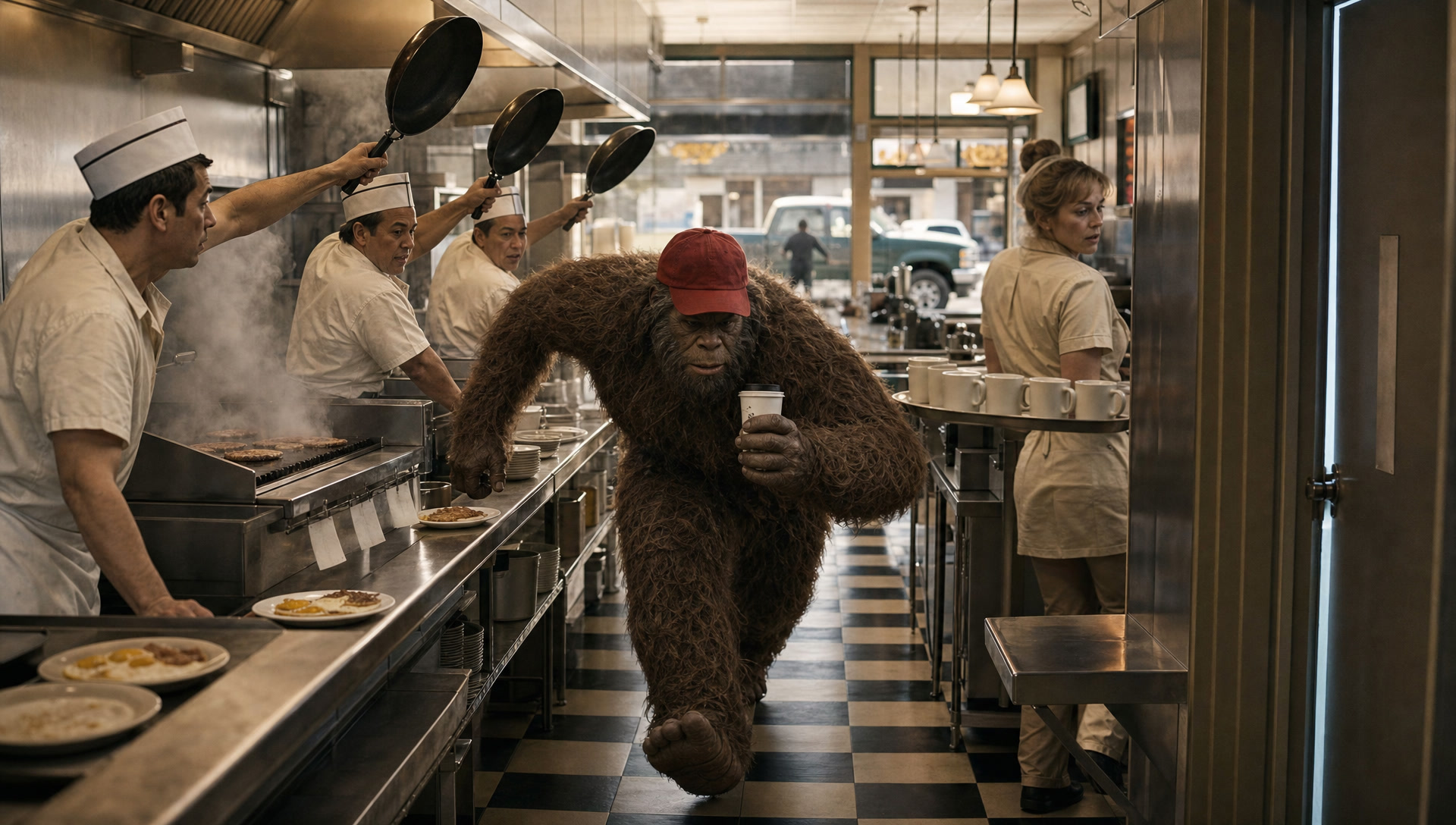 The sasquatch ducking through the diner kitchen under three lifted pans, the ranger's truck through the front window