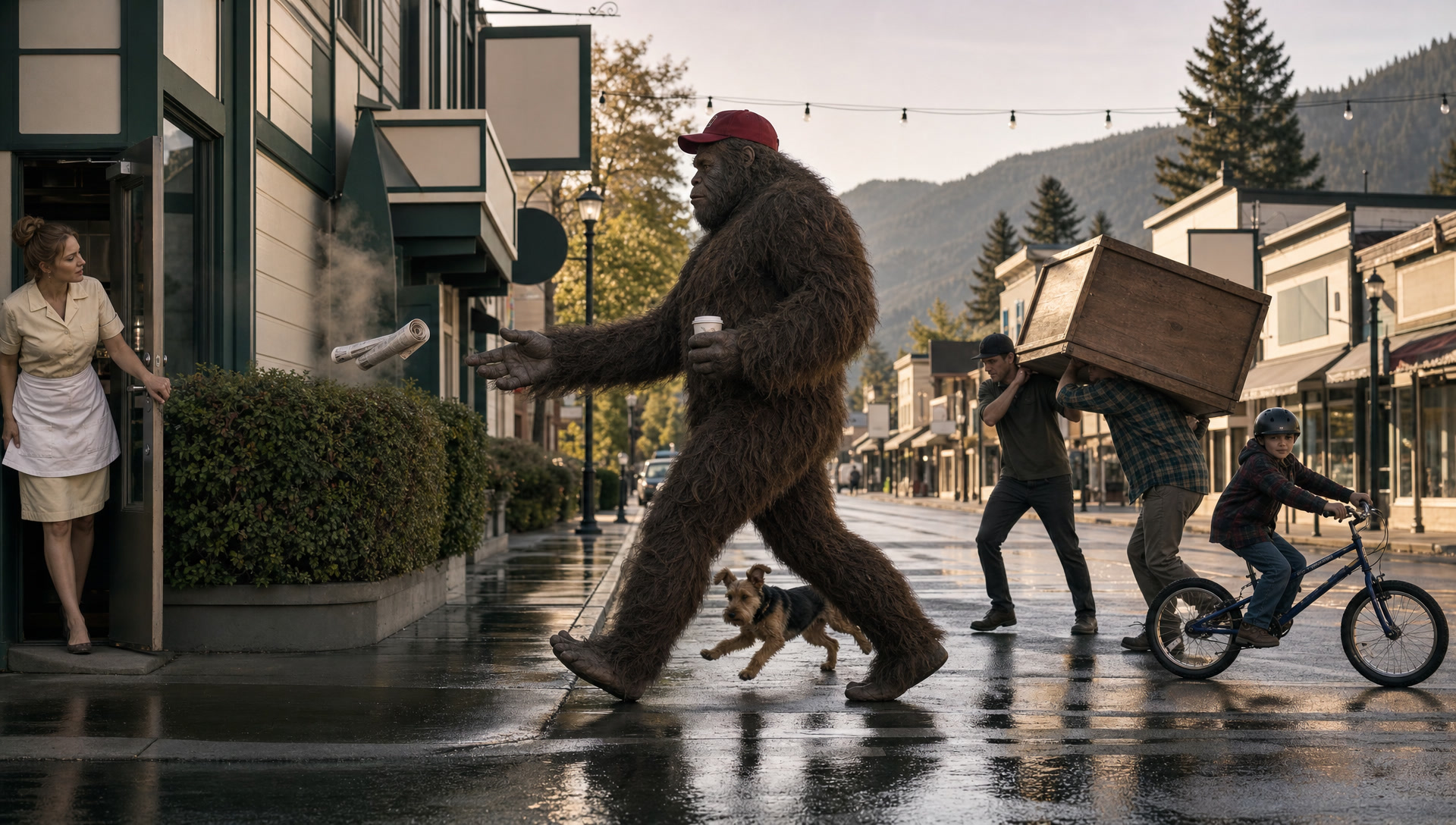 The 7:58 main street, the sasquatch mid-stride, the newspaper mid-arc toward his open hand