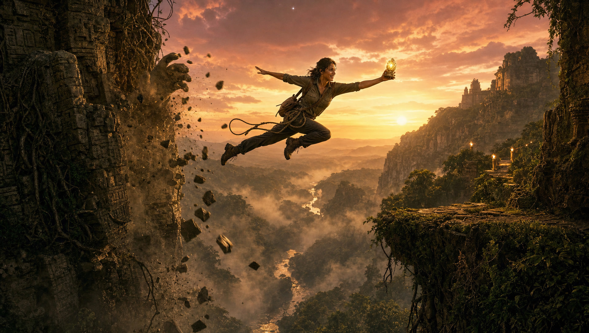 The sunset leap across the gorge, the guardian's hand a beat too late