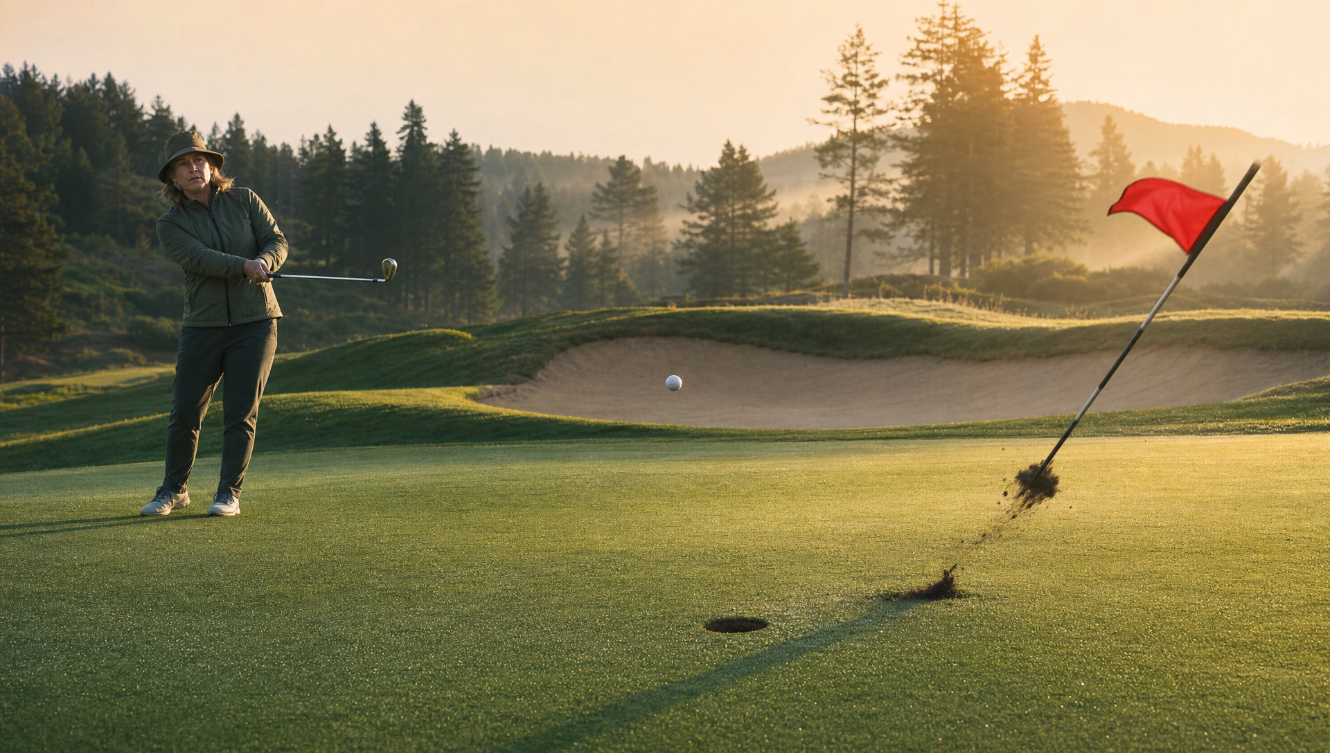 The pin uprooting itself and bolting as her ball drops toward the cup