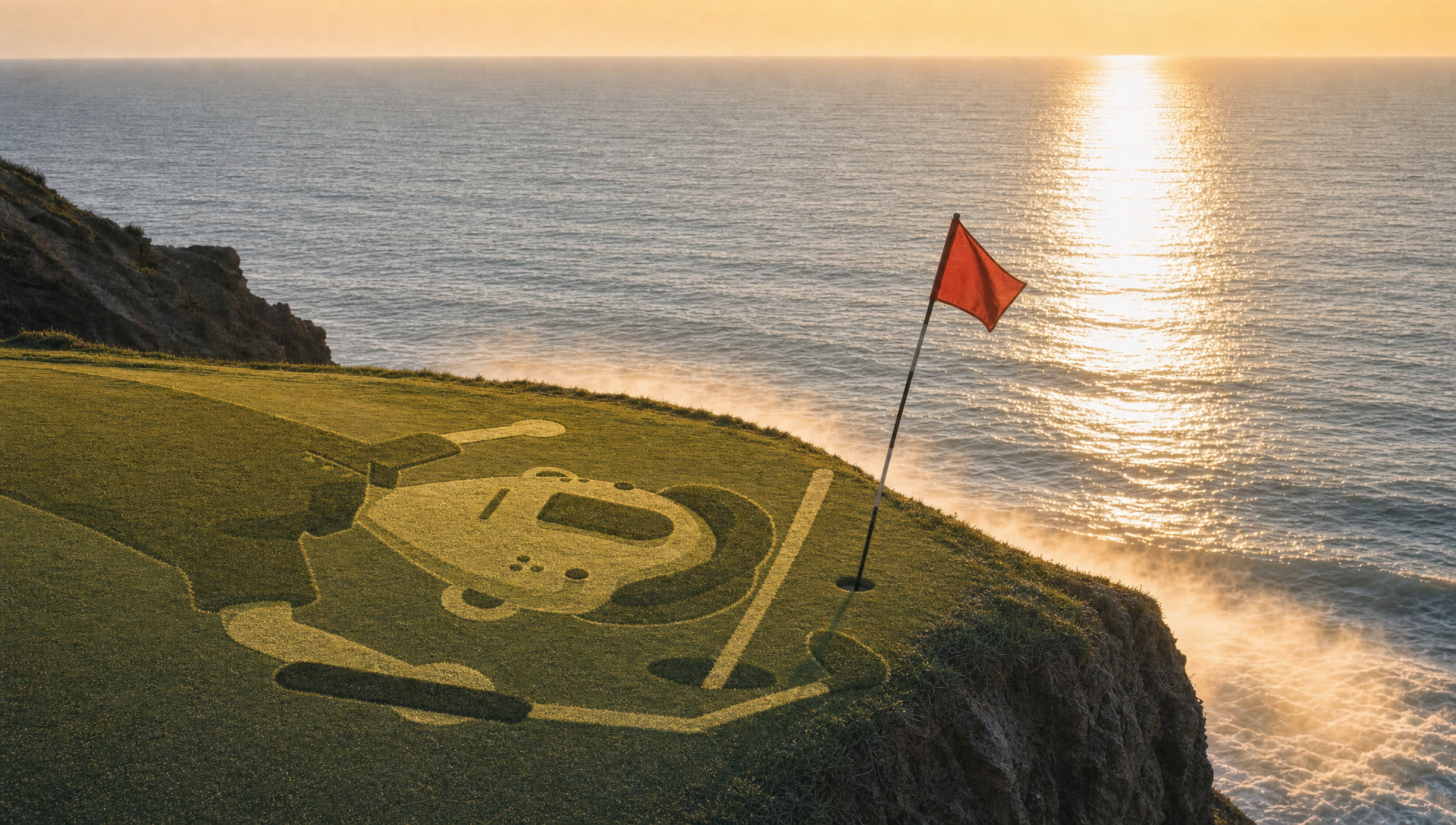 The game's figure mown into the world's-end green beside the standing pin